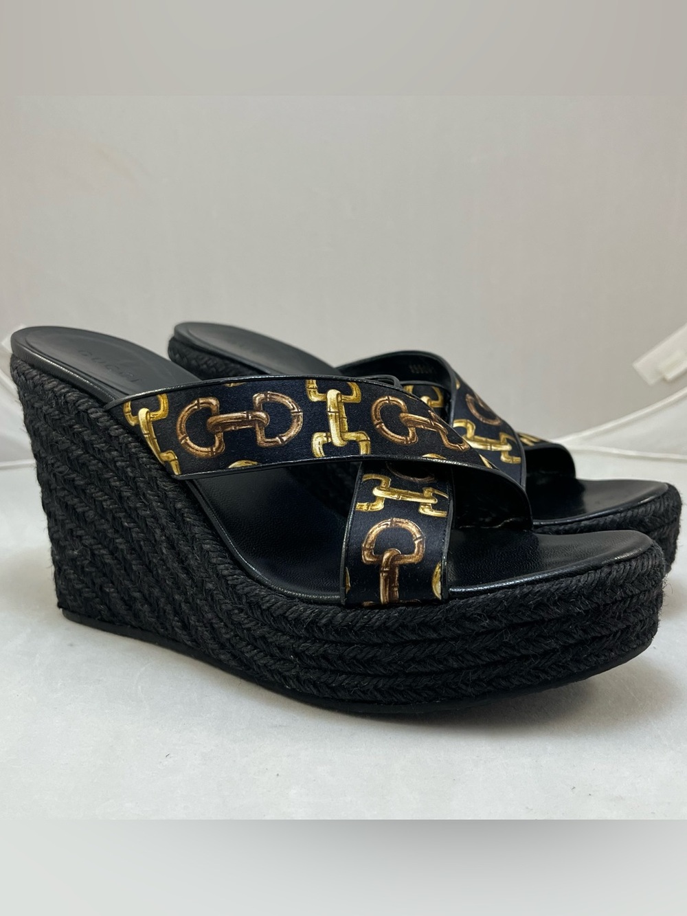 Gucci Horsebit Espadrille Wedge Sandals Silk Twill Black Platform Slide Size 7.5